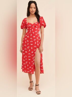Bardot Red Floral Puff-Sleeve Midi Dress with High Slit